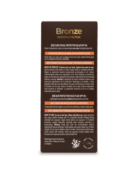 Reverso de la caja del fluido solar Babaria Bronze SPF50+ con modo de empleo y advertencias