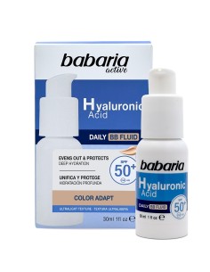 Babaria Fluido Facial Ácido Hialurónico SPF50+ Color Adapt 30 ml envase y caja de presentación