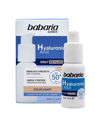 Babaria Fluido Facial Ácido Hialurónico SPF50+ Color Adapt 30 ml envase y caja de presentación
