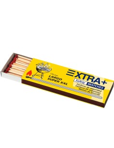 Caja de cerillas súper largas Extra+ 170 mm abierta mostrando las 50 unidades y la ilustración de barbacoa