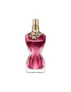 Vista de frente del frasco de cristal rojo con collar de flores doradas de JPG La Belle Eau de Parfum