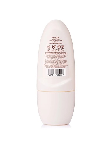 Etiqueta trasera con ingredientes y modo de empleo del roll-on Tulipán Negro Coco