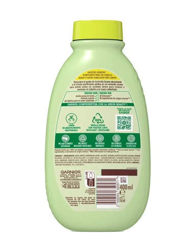 Vista posterior con modo de empleo e ingredientes del champú para cabello graso Garnier