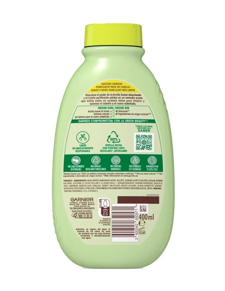 Vista posterior con modo de empleo e ingredientes del champú para cabello graso Garnier
