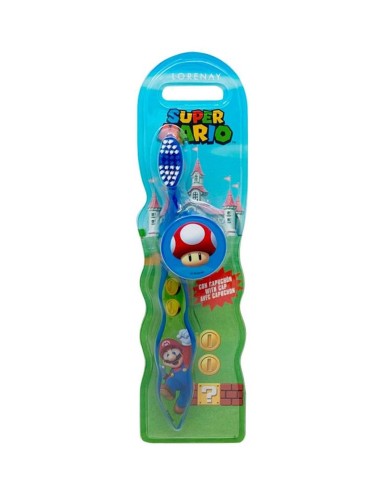 Blíster frontal del cepillo dental infantil Super Mario con capuchón protector de seta