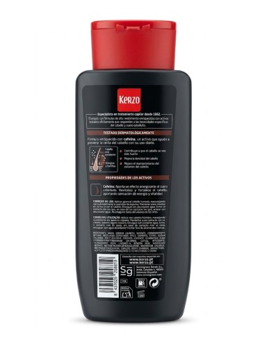 Reverso del envase de champú Kerzo Cafeína con ingredientes y modo de empleo