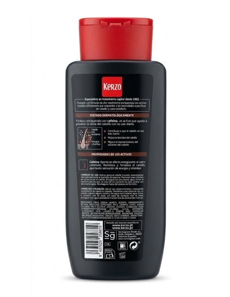 Reverso del envase de champú Kerzo Cafeína con ingredientes y modo de empleo
