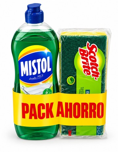 Pack ahorro Mistol Ultra Plus lavavajillas 650 ml con 3 estropajos Scotch-Brite