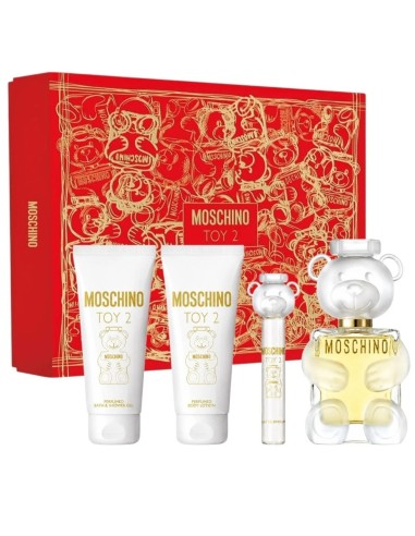 Estuche de regalo rojo Moschino Toy 2 con perfume 100 ml, spray de viaje, loción corporal y gel de ducha