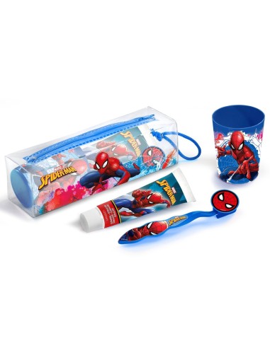 Set dental infantil Spiderman con cepillo, pasta, vaso y neceser