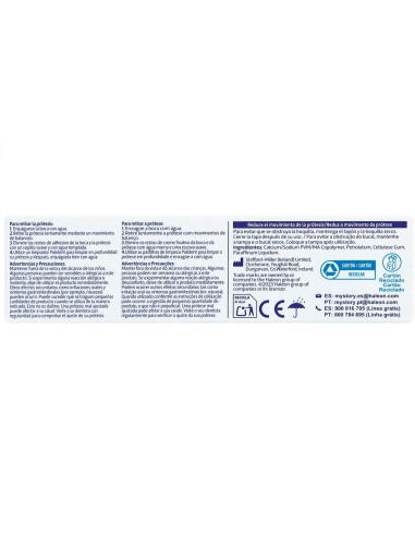 Reverso del envase de Polident sin sabor con ingredientes y advertencias