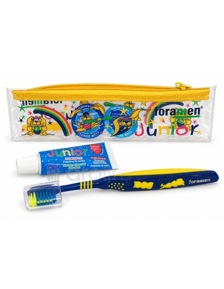 Kit dental infantil Foramen con neceser, cepillo y pasta Junior sabor fresa