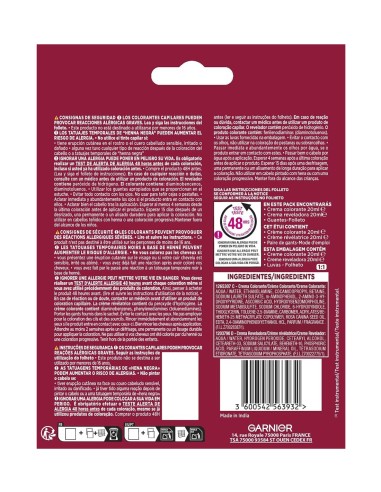 Reverso del envase Garnier Color Shampoo Retouch con advertencias y contenido del pack