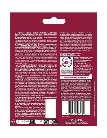 Reverso del envase Garnier Color Shampoo Retouch con advertencias y contenido del pack