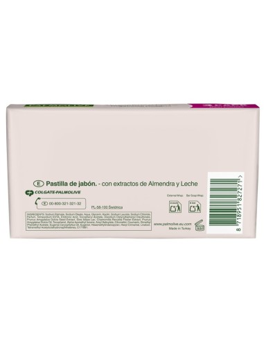 Reverso del paquete Palmolive Naturals Almendras y Leche con ingredientes e información del producto