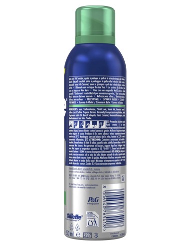 Reverso de Gillette Series Piel Sensible con ingredientes y advertencias del aerosol