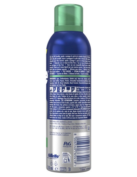 Reverso de Gillette Series Piel Sensible con ingredientes y advertencias del aerosol