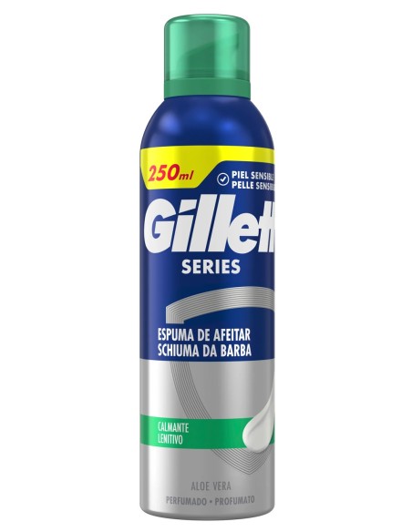 Envase azul y plateado de espuma Gillette Series Calmante con tapón verde