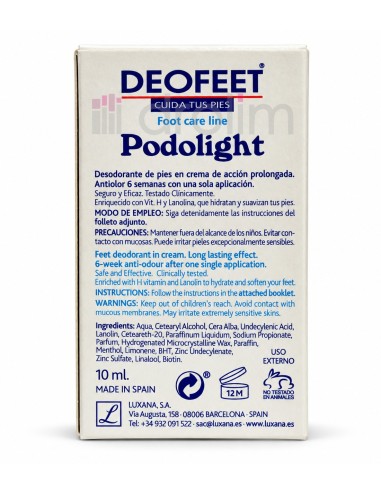 Reverso de Deofeet Podolight con ingredientes, precauciones y datos de Luxana