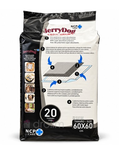 Parte posterior de JerryDog con las capas absorbentes, el carbón activo y la base impermeable