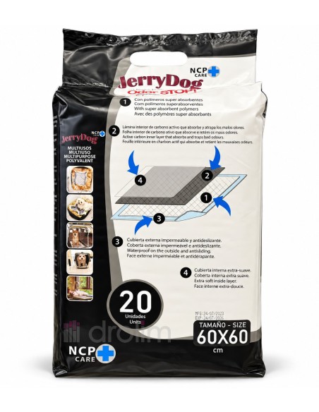 Parte posterior de JerryDog con las capas absorbentes, el carbón activo y la base impermeable