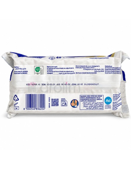 Parte posterior de Dodot Pure Aqua con ingredientes e información del paquete de 48 toallitas