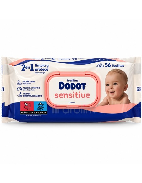 Dodot Sensitive paquete de 56 toallitas para bebé con tapa rosa y envase blanco y azul