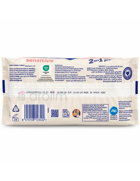 Parte posterior de Dodot Sensitive con ingredientes y datos del paquete de 56 toallitas