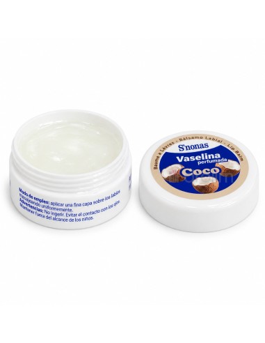 S'nonas vaselina perfumada de coco en tarro blanco abierto con tapa azul y beige