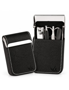 Estuche de manicura La Walkiria para caballero en negro, abierto y cerrado, con cinco utensilios