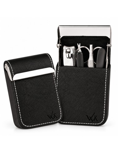 Estuche de manicura La Walkiria para caballero en negro, abierto y cerrado, con cinco utensilios