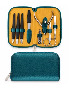 Estuche de manicura La Walkiria verde de ocho piezas, abierto y cerrado