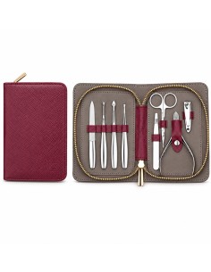 Estuche de manicura mini burdeos La Walkiria abierto y cerrado con utensilios en su interior