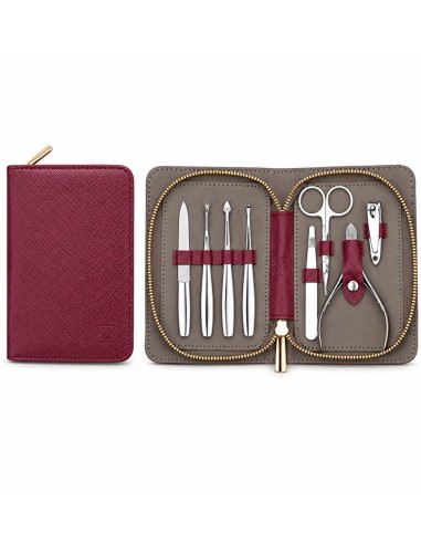 Estuche de manicura mini burdeos La Walkiria abierto y cerrado con utensilios en su interior