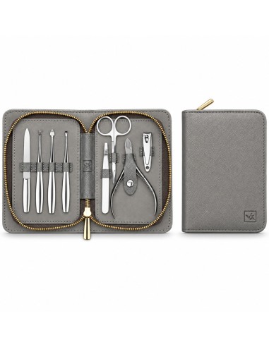 Estuche de manicura mini plata La Walkiria abierto y cerrado con accesorios para el cuidado de las uñas