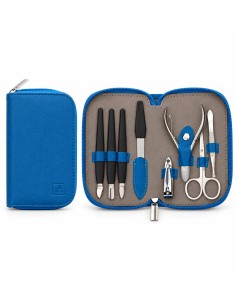 Estuche de manicura azul La Walkiria abierto y cerrado con accesorios organizados en su interior