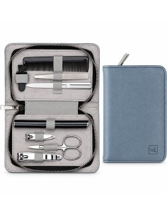 Estuche de manicura caballero La Walkiria con cortapelos, abierto y cerrado en tono azul grisáceo