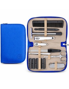 Estuche de manicura caballero azul La Walkiria abierto y cerrado con maquinilla de afeitar manual