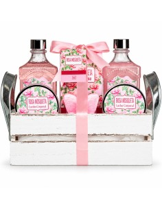 Cesta de baño Rosa Mosqueta La Walkiria con lazo rosa y presentación floral