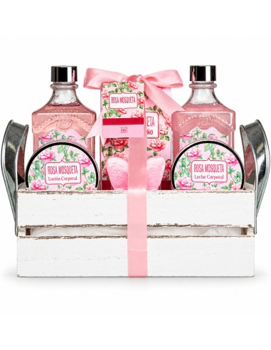 Cesta de baño Rosa Mosqueta La Walkiria con lazo rosa y presentación floral