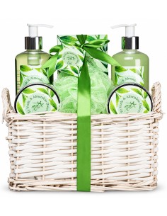 Cesta de baño SPA Té Verde y Almendras Dulces en mimbre blanco con asas