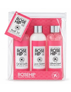 Presentación rosa del set Rose Hip con gel de ducha, loción hidratante y exfoliante corporal