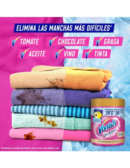 Bote rosa de Vanish Oxi Action Gold para ropa de color sobre fondo blanco