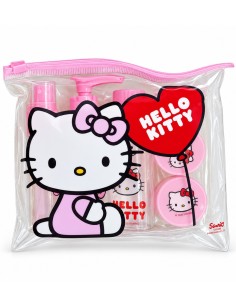 Neceser transparente Hello Kitty con cinco recipientes rellenables y detalles rosas
