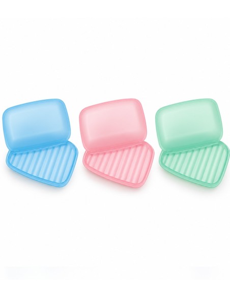 Jaboneras de plástico abiertas en azul, rosa y verde con tapa y base interior con relieves