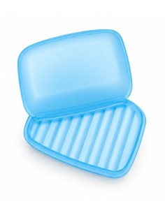 Jaboneras de plástico abiertas en azul, rosa y verde con tapa y base interior con relieves 2