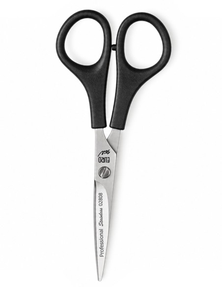Tijera de peluquero profesional Eurostil con mango de plástico negro y hojas de acero inoxidable