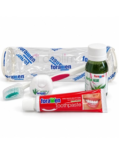 Cepillo, pasta dental, enjuague Herbal Aloe e hilo dental Foramen junto al neceser transparente