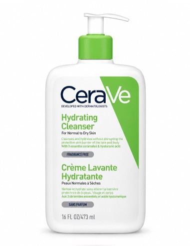 CeraVe Limpiadora Hidratante de 473 ml en envase blanco y verde con dosificador