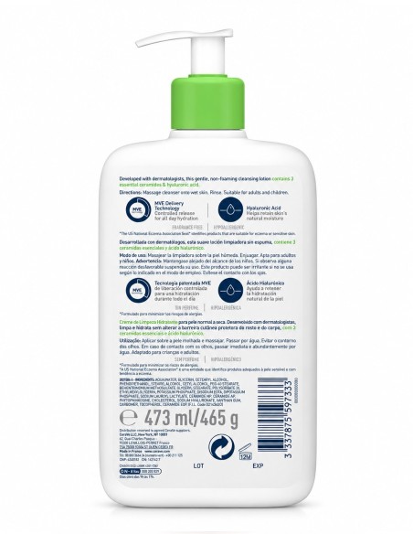 Limpiador hidratante CeraVe para piel normal a seca con ceramidas y ácido hialurónico